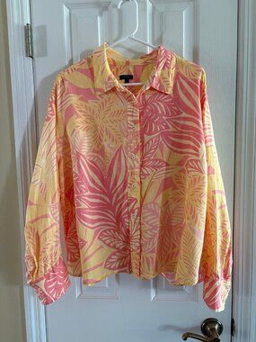 Talbots Button Down Palm Blouse XL Linen